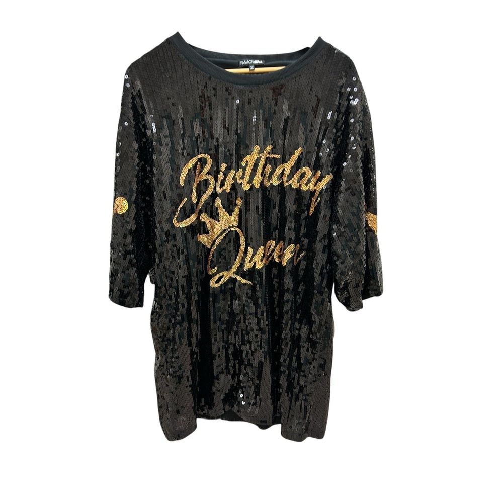 Fashion Nova Black Sequin Birthday Queen Top One Size Gold‎ Crowns Party Glam